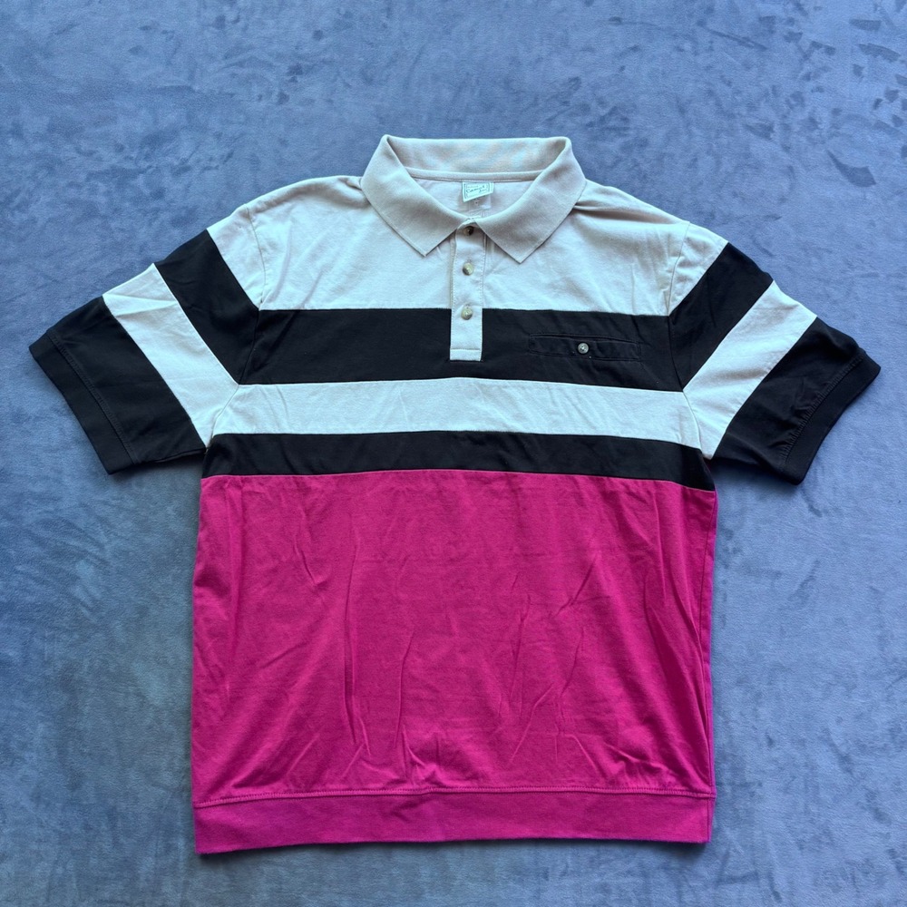Haband Casual Joe Mens Polo Shirt Striped Colorblock Pink Black Tan Pocket L